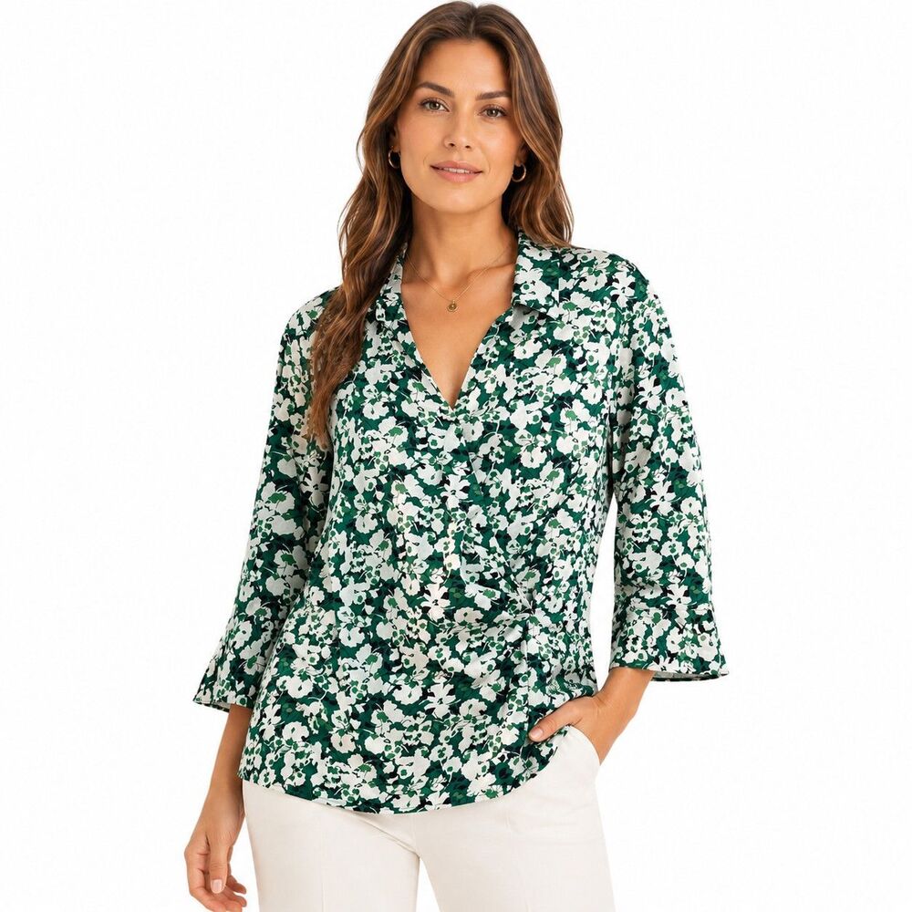 Talbots Tunic Blouse Womens 12 Green Floral Collared 3/4 Sleeve Stretch Top